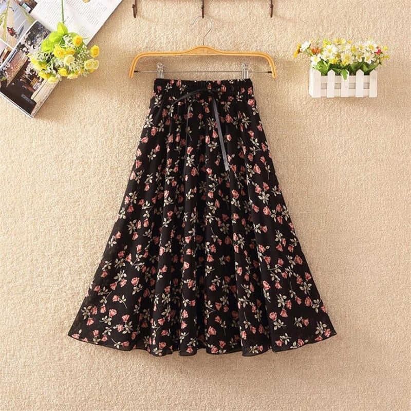 Floral skirt women high waist floral printed chiffon long skirt 