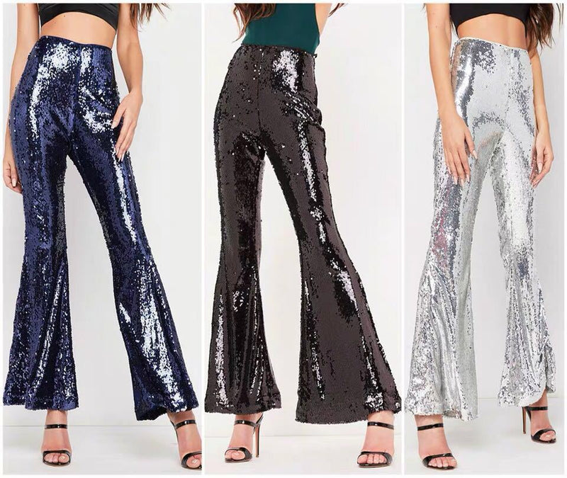 Bottoms  Lady Flare Pants Blue Shiny High Waist Women 