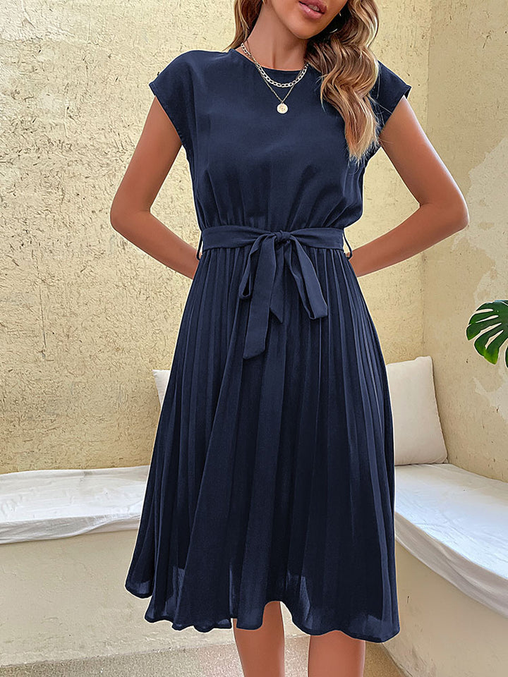 Women Summer Casual Beach Sundress Short Sleeve Pleated Midi Dress