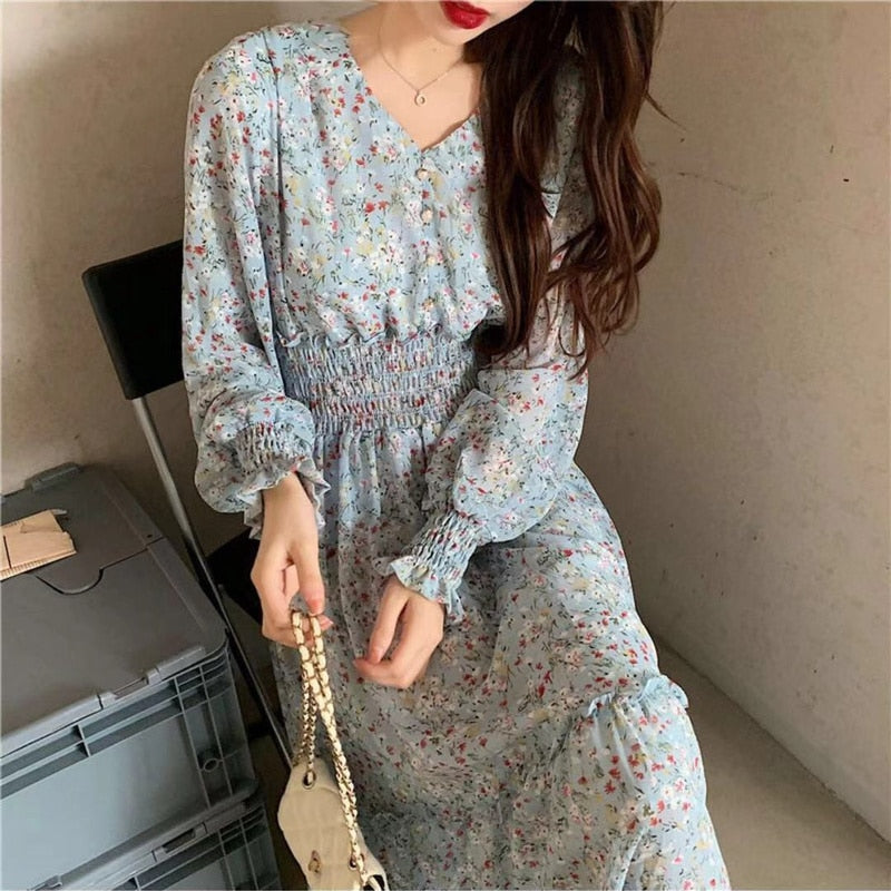  V-neck Printed Long Sleeve Loose Chiffon Dress