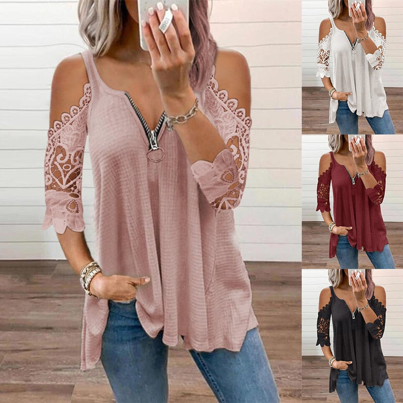 Summer Out Shirt Women  Half Sleeve Zipper Casual T Shirt