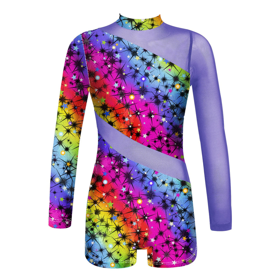 Children Gymnastics Leotard for Girls Teens Dance Ballet Unitard Long Sleeves Mesh