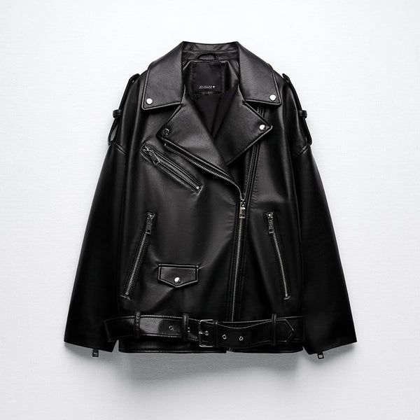 New Women motorcycle leather  loose jacket black jacket