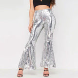 Bottoms  Lady Flare Pants Blue Shiny High Waist Women 