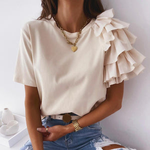 Women Summer  Solid Color Casual Loose T-shirt 