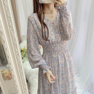  V-neck Printed Long Sleeve Loose Chiffon Dress