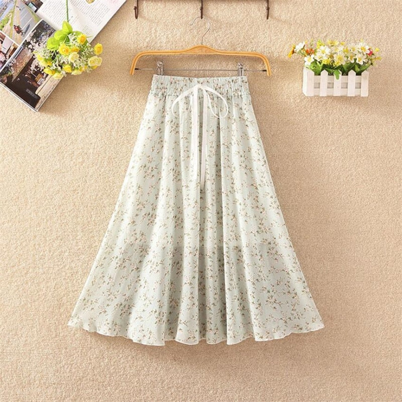 Floral skirt women high waist floral printed chiffon long skirt 