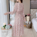  V-neck Printed Long Sleeve Loose Chiffon Dress