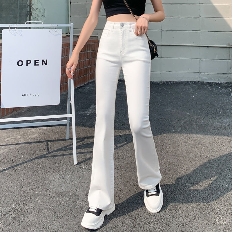 Flared Jeans Woman High Waist Denim Trousers For Female Blue White Black