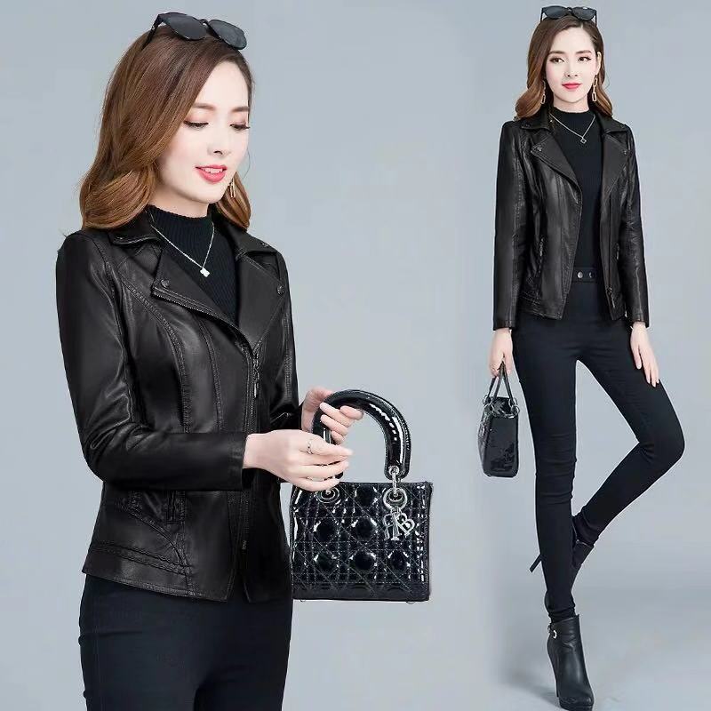  Women Jacket Spring  Coat Moto Biker Zipper Jacket Leather