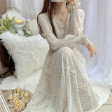  V-neck Printed Long Sleeve Loose Chiffon Dress