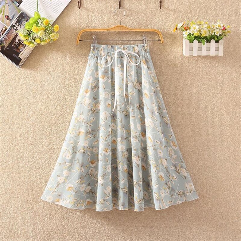 Floral skirt women high waist floral printed chiffon long skirt 