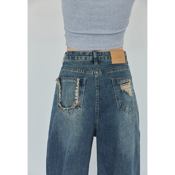 Navy Blue High Waist Women Jeans Gradient Vintage American Fashion 