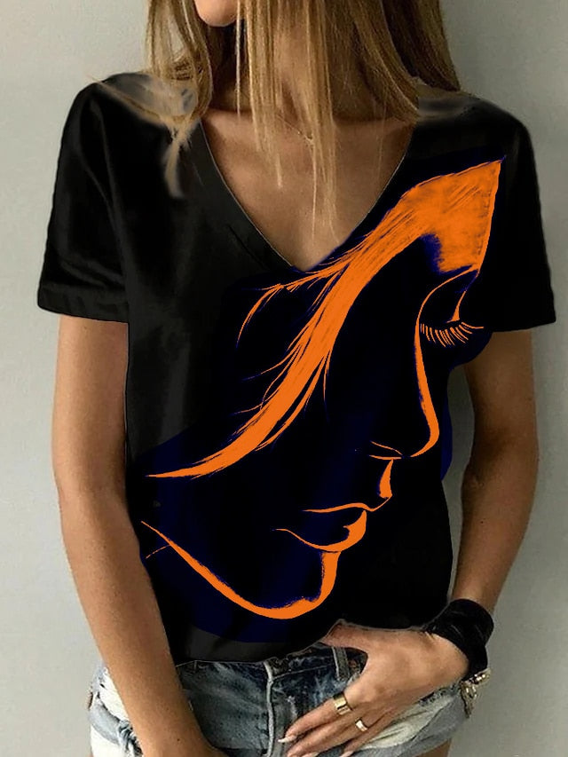  Women Fashion  Print V Neck T Shirt Female 