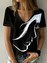  Women Fashion  Print V Neck T Shirt Female 