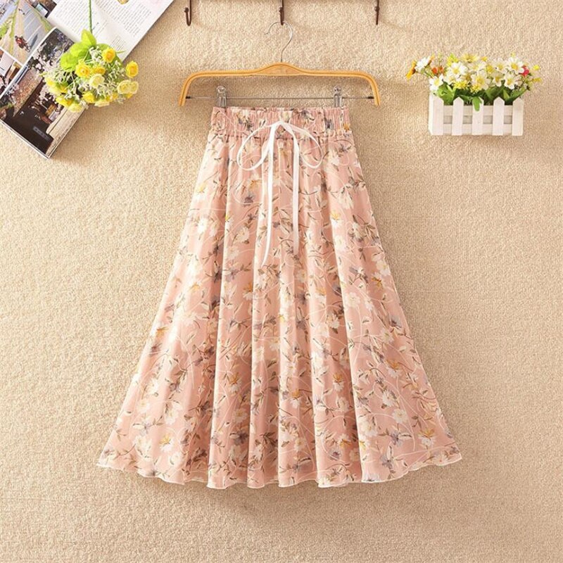 Floral skirt women high waist floral printed chiffon long skirt 