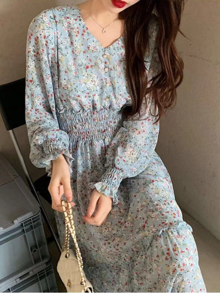  V-neck Printed Long Sleeve Loose Chiffon Dress