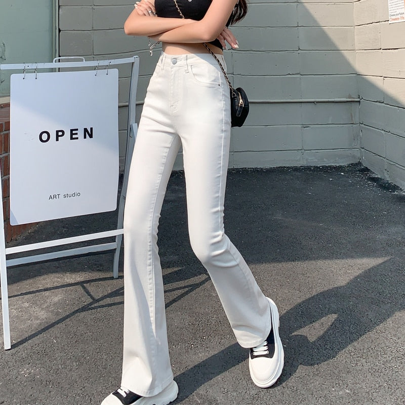 Flared Jeans Woman High Waist Denim Trousers For Female Blue White Black