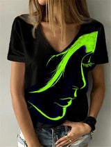  Women Fashion  Print V Neck T Shirt Female 