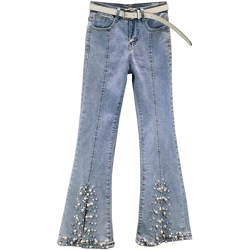 Irregular Split Pearl Flared Jeans for Women