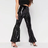 Bottoms  Lady Flare Pants Blue Shiny High Waist Women 