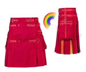 Men's Scottish Red Rainbow Nylon Strap Hybrid Utility Kilt LGBT Pride Kilt