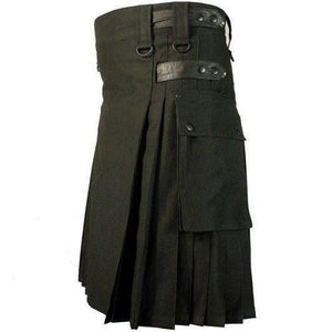 Black Cotton Utility Tactical Cargo Pockets Kilt for Men