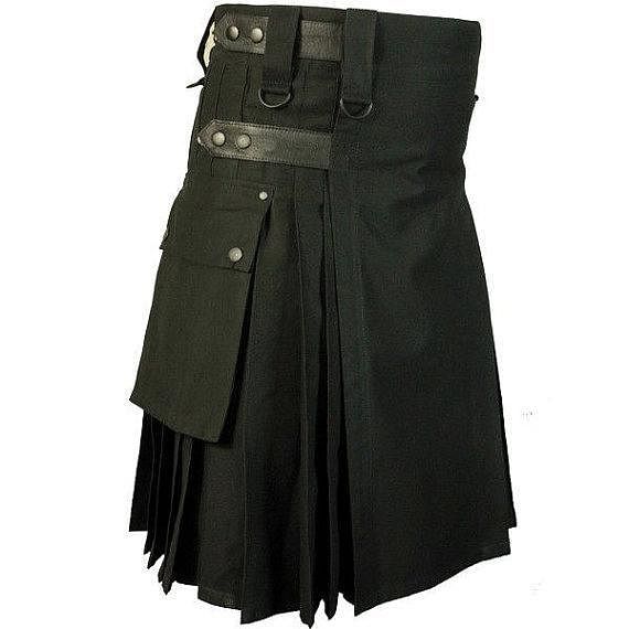 Black Cotton Utility Tactical Cargo Pockets Kilt for Men