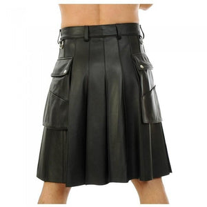 Mens Black Genuine Leather Utility Leather Kilt Twin Pockets