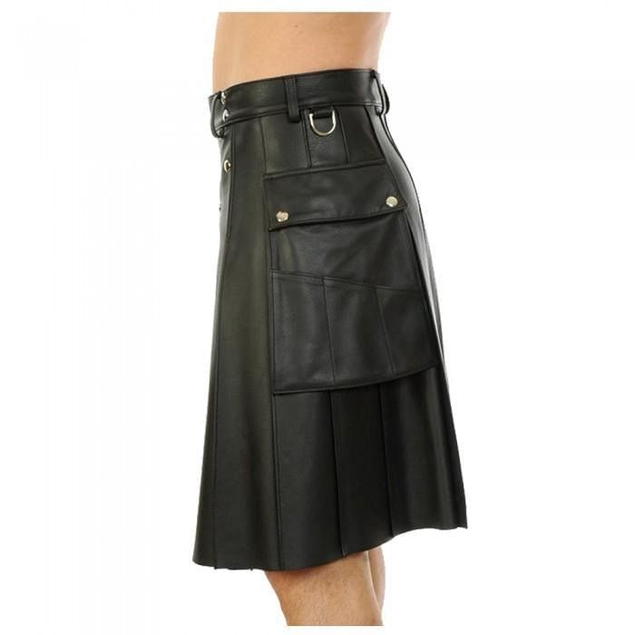 Mens Black Genuine Leather Utility Leather Kilt Twin Pockets