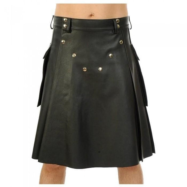 Mens Black Genuine Leather Utility Leather Kilt Twin Pockets