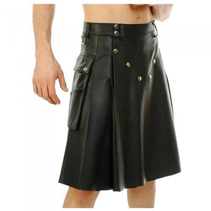 Mens Black Genuine Leather Utility Leather Kilt Twin Pockets