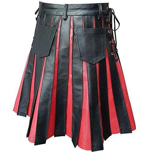 Men's Black & Red Leather Gladiator Pleated Utility Kilt Flat Front Pocket