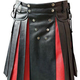 Men's Black & Red Leather Gladiator Pleated Utility Kilt Flat Front Pocket