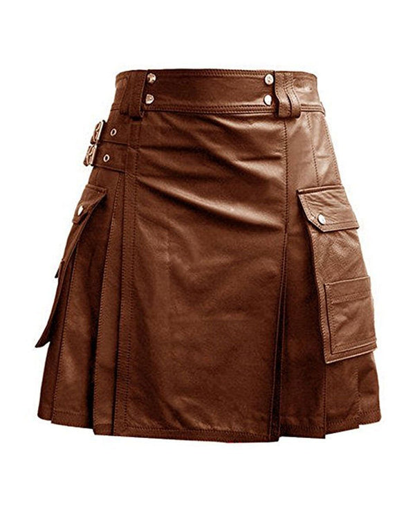 Brown Leather Kilt Flat Front & Twin Cargo Pockets Cowhide Leather kilt mens