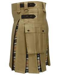 Modern Fashion Extendable Brown Cotton & Camel Tartan Tactical Fashion Hybrid kilt