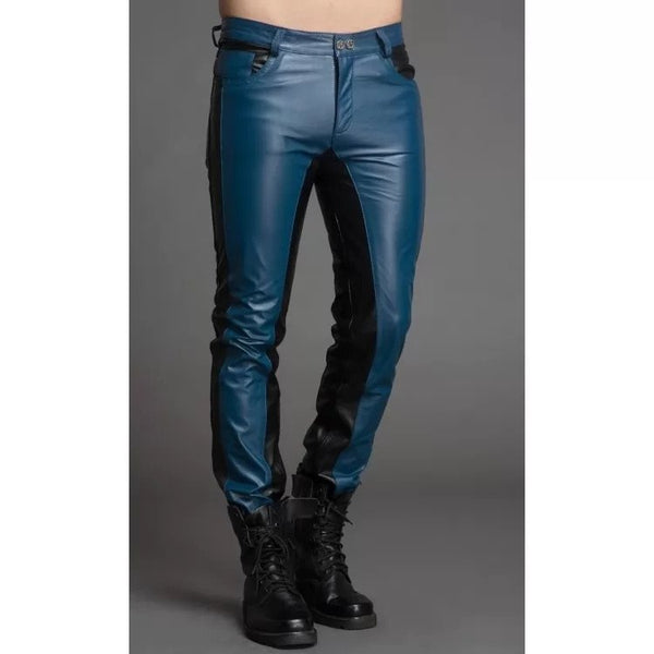 Men Fashion Contrast Color Black & Blue Leather Pants