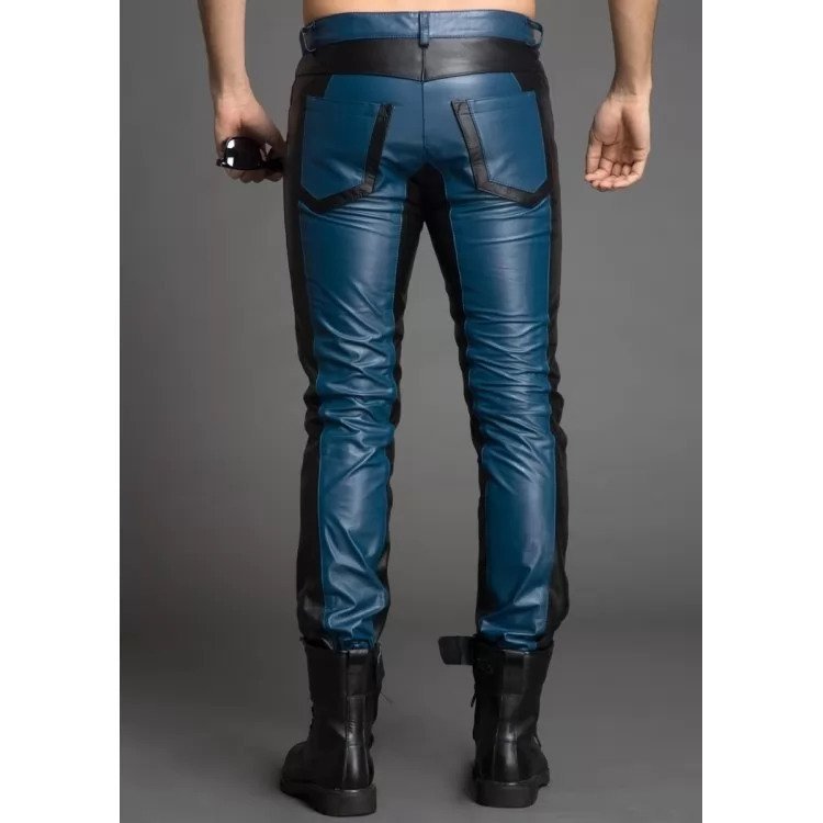 Men Fashion Contrast Color Black & Blue Leather Pants