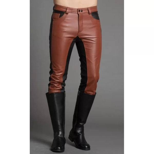 Men Fashion Contrast Color Black & Brown Leather Pants