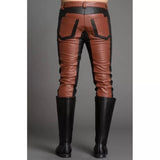 Men Fashion Contrast Color Black & Brown Leather Pants