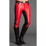 Men Fashion Contrast Color Black & Red Leather Pants