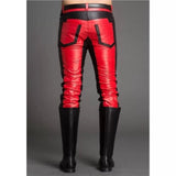 Men Fashion Contrast Color Black & Red Leather Pants