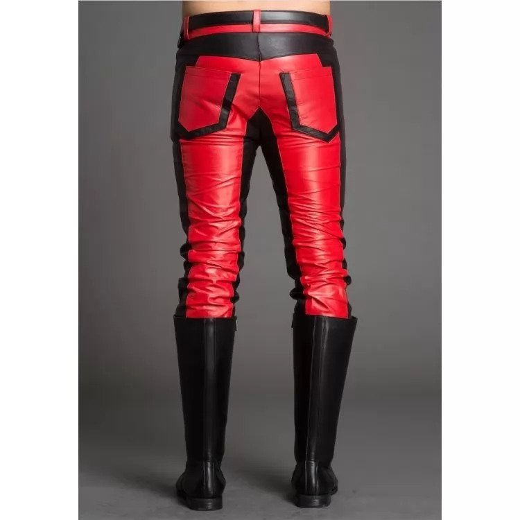 Men Fashion Contrast Color Black & Red Leather Pants