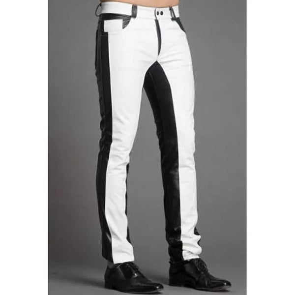 Men Fashion Contrast Color Black & White Leather Pants