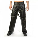 Mens Gothic Black Real Leather Biker Suspender Buckle Bondage Pant