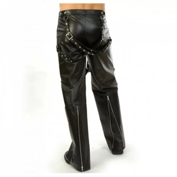 Mens Gothic Black Real Leather Biker Suspender Buckle Bondage Pant