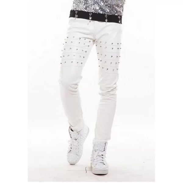 Mens Fashion  Pure White Leather Trousers Pants
