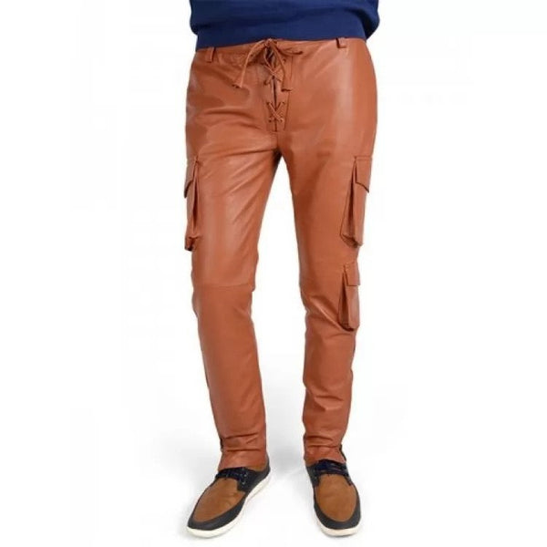 Mens Soft Pure Tan Leather Cargo Pants