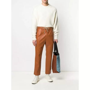 Mens Drawstring Waist Tan Leather Pant