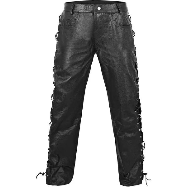 Mens Side Laces Thick Black Leather Motorcycle Pants